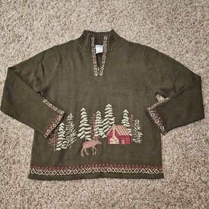 NorthStyle Women's Green Embroidered 1/4 Zip Sweater Size L Pullover Cabin Moose